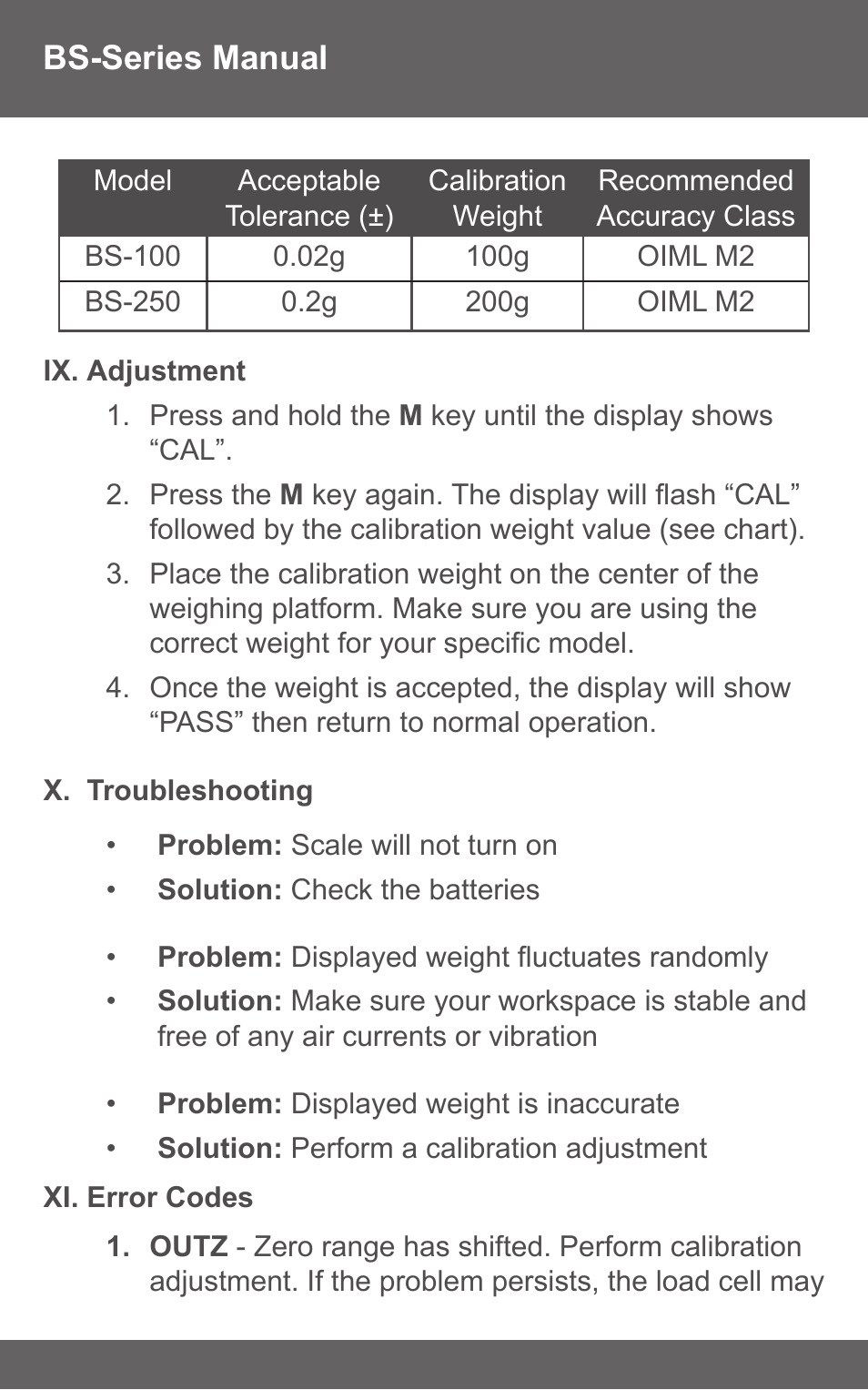 Calibration Weight Class Chart