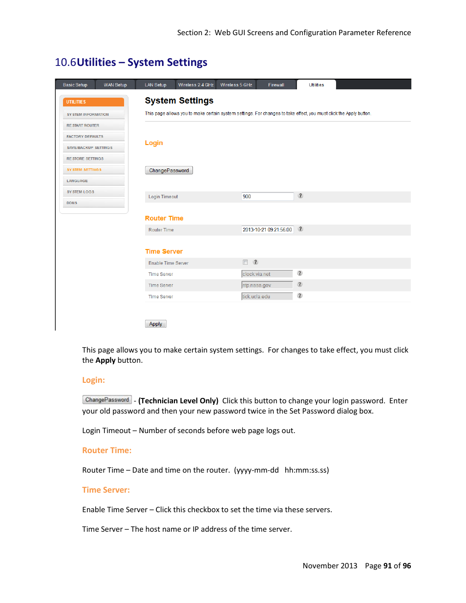 6 utilities – system settings | ARRIS TG1672G-NA Web GUI User Guide