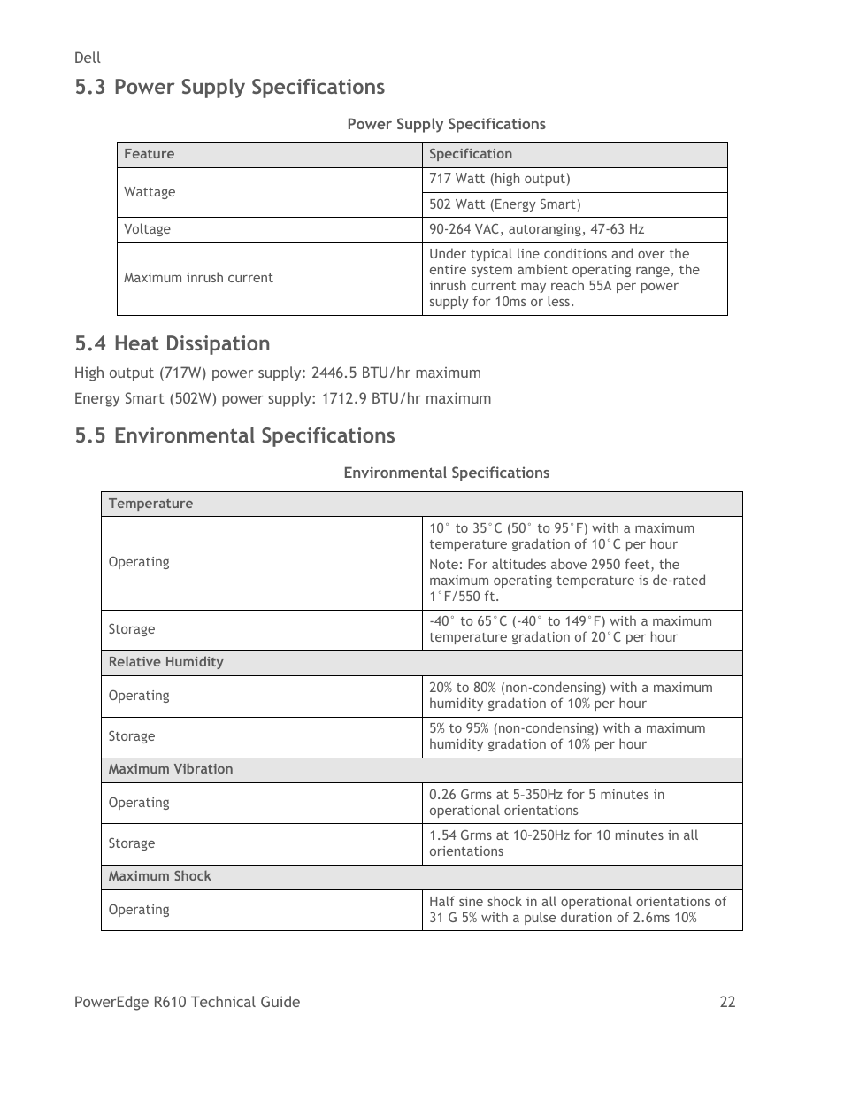 Power supply specifications, Heat dissipation, Environmental