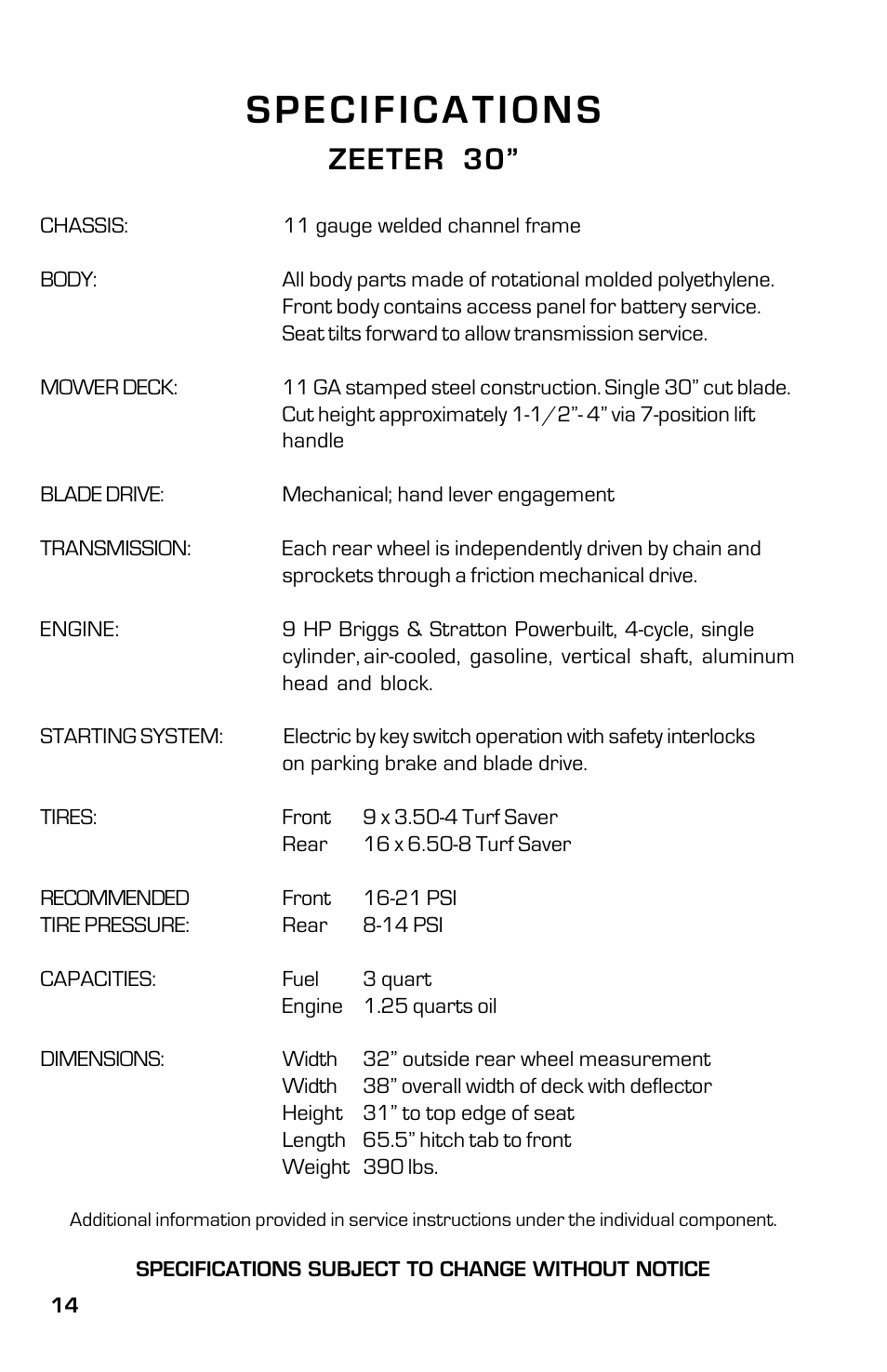 Specifications, Zeeter 30 | Dixon SpeedZTR ZTR 30 User Manual | Page 14