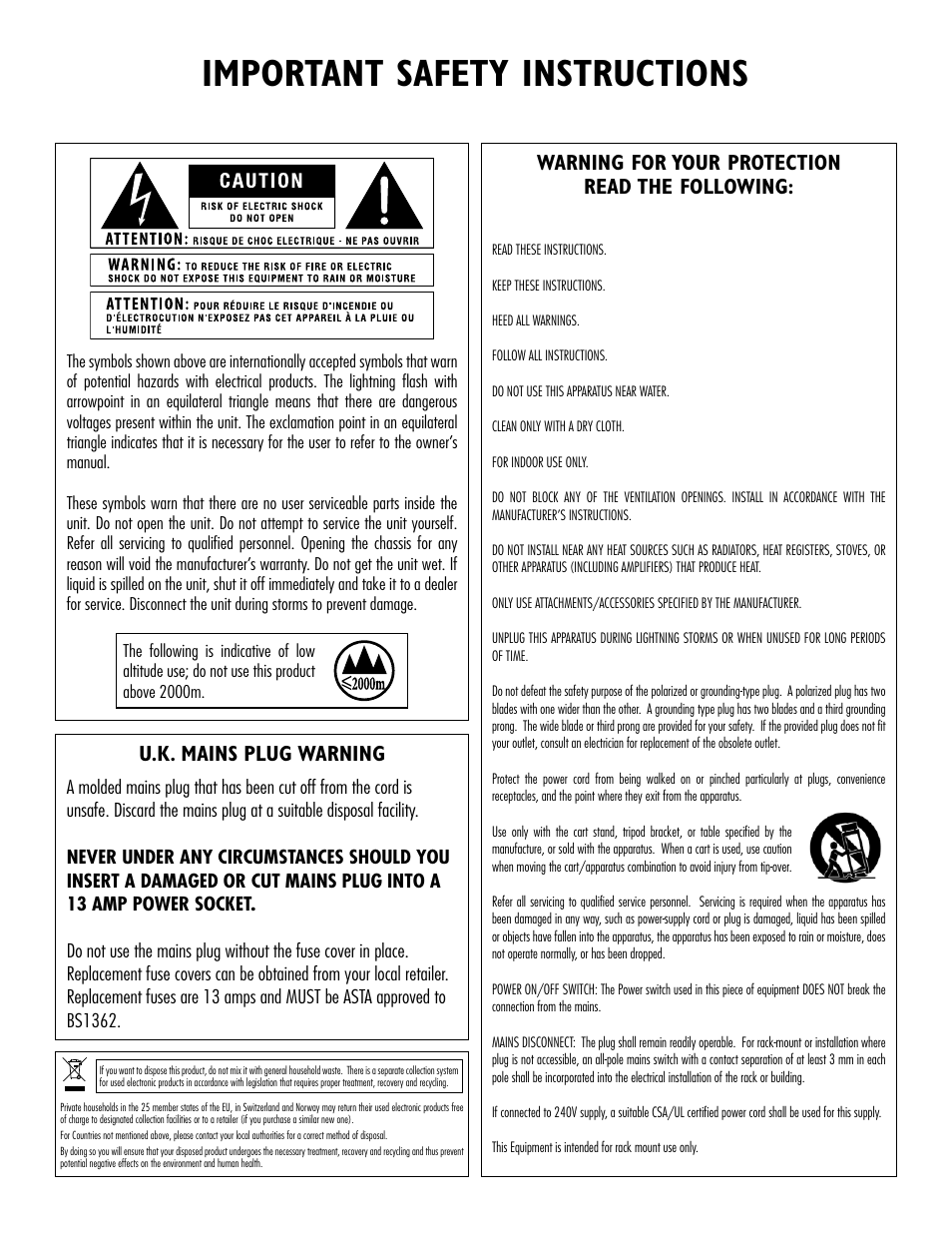 Important safety instructions, U.k. mains plug warning, Warning for
