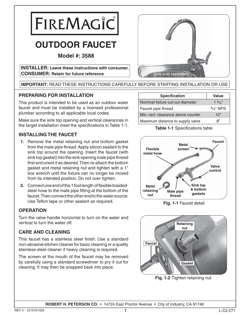 Fire Magic 3588 Faucet User Manual 1 Page