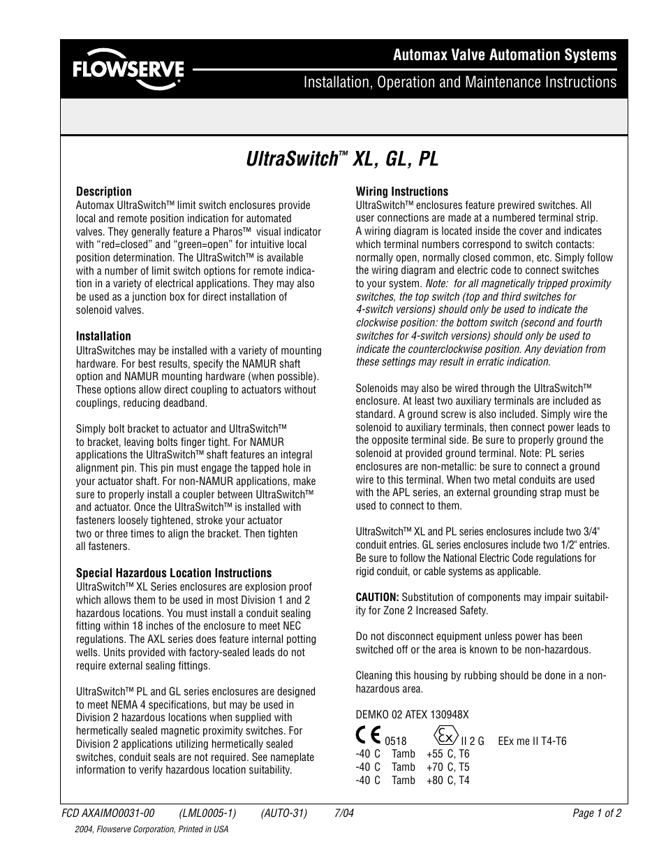Flowserve XL UltraSwitch User Manual | 2 pages | Also for: GL UltraSwitch, PL UltraSwitch, AXL UltraSwitch, AGL UltraSwitch, APL UltraSwitch, ...