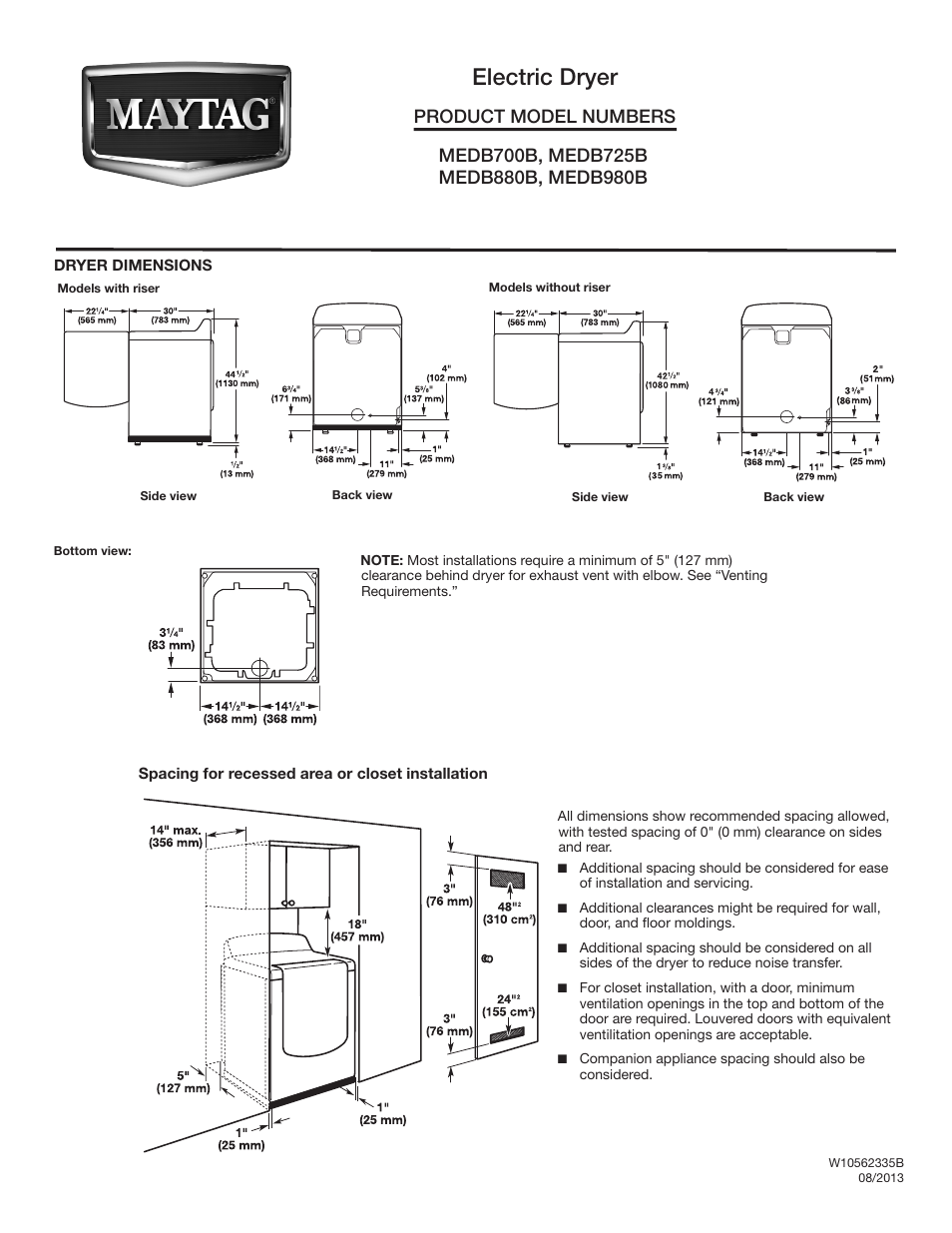 Maytag MEDB725BW Dimension Guide User Manual | 2 pages | Also for