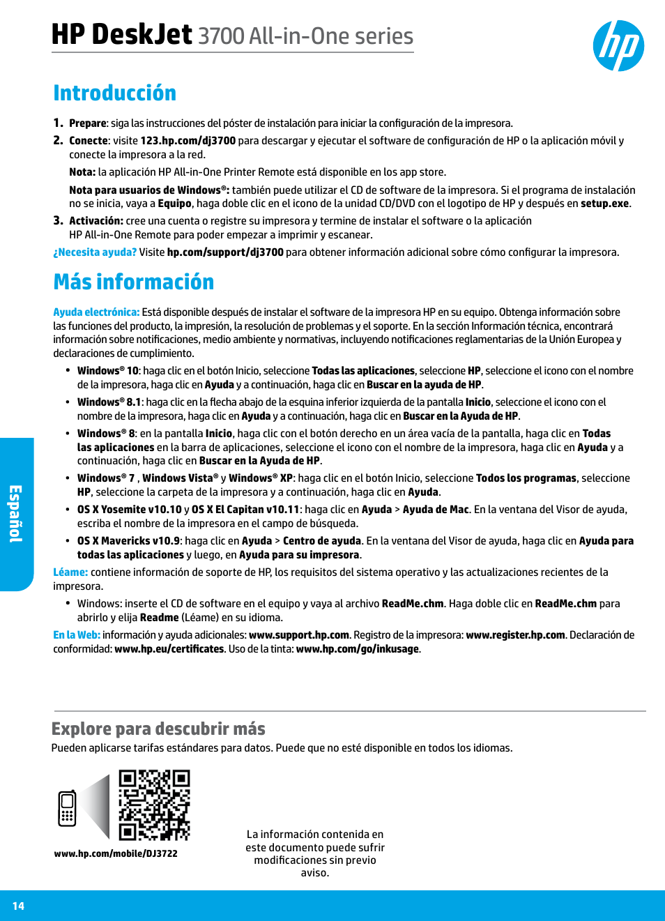 Español, Hp deskjet, 3700 all-in-one series | HP DeskJet 3700 User