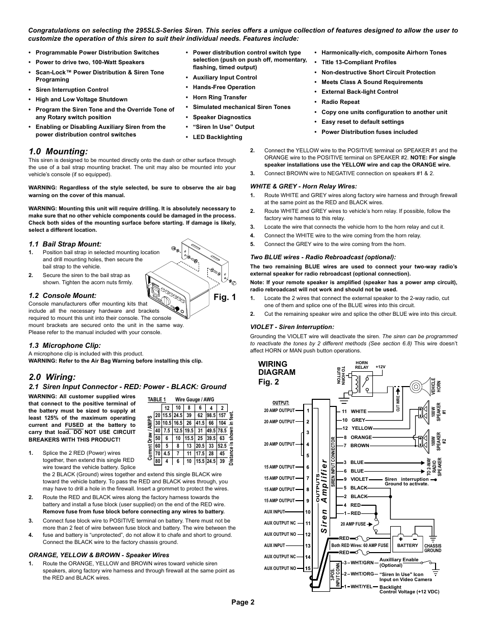Fig. 1 1.0 mounting, 0 wiring, Wiring diagram | Whelen 295SLSA6 User