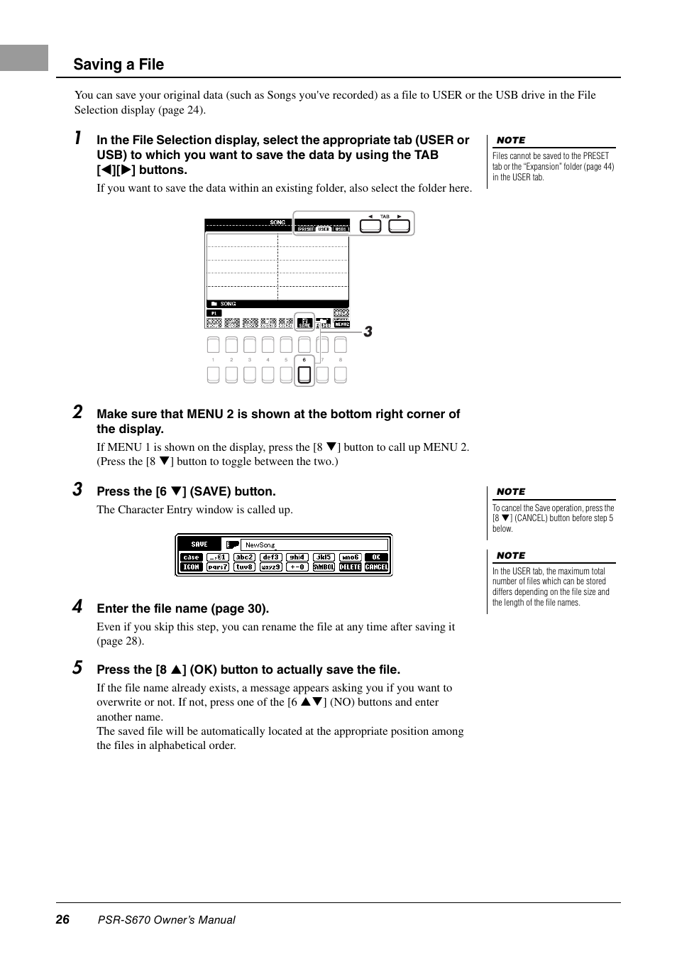 Saving a file | Yamaha PSR-S670 User Manual | Page 26 / 108
