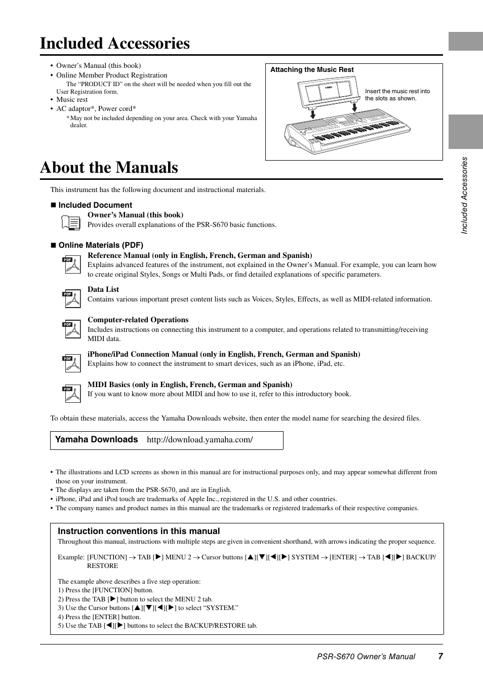 Included accessories, About the manuals | Yamaha PSR-S670 User Manual
