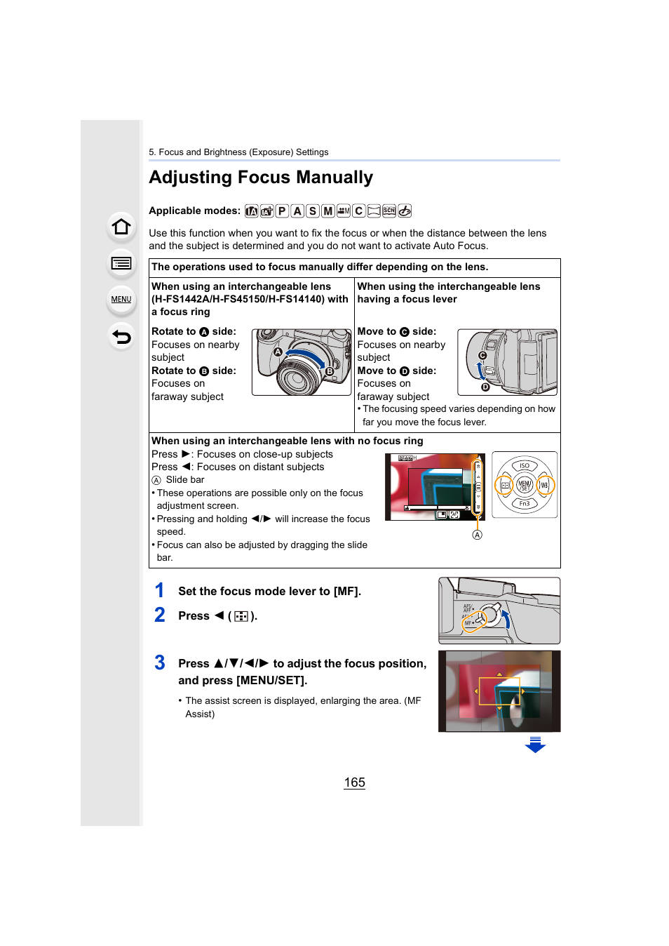 Adjusting focus manually, P165, P165) | Panasonic Lumix DMC-G7 body