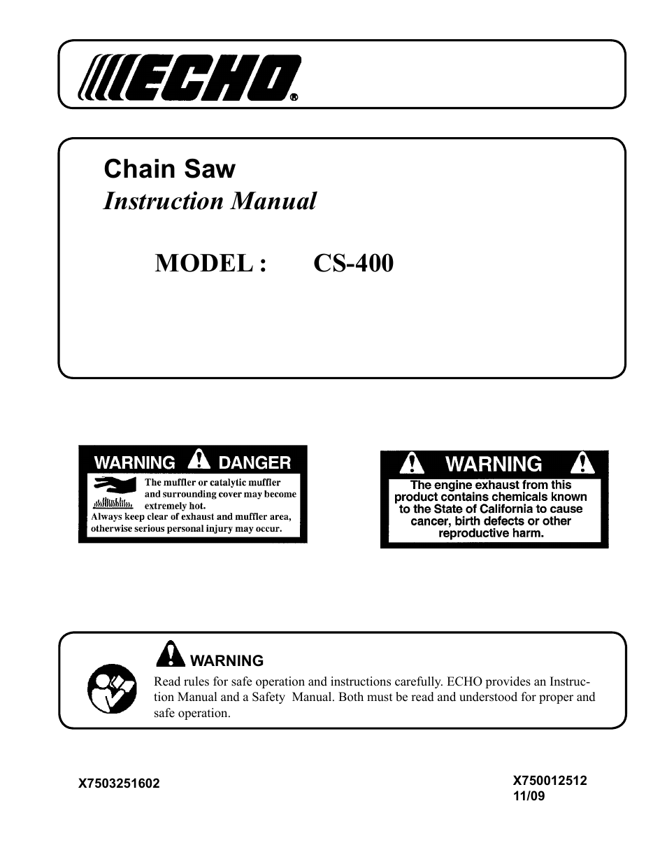 Echo Chain Saw Cs 400 User Manual 36 Pages