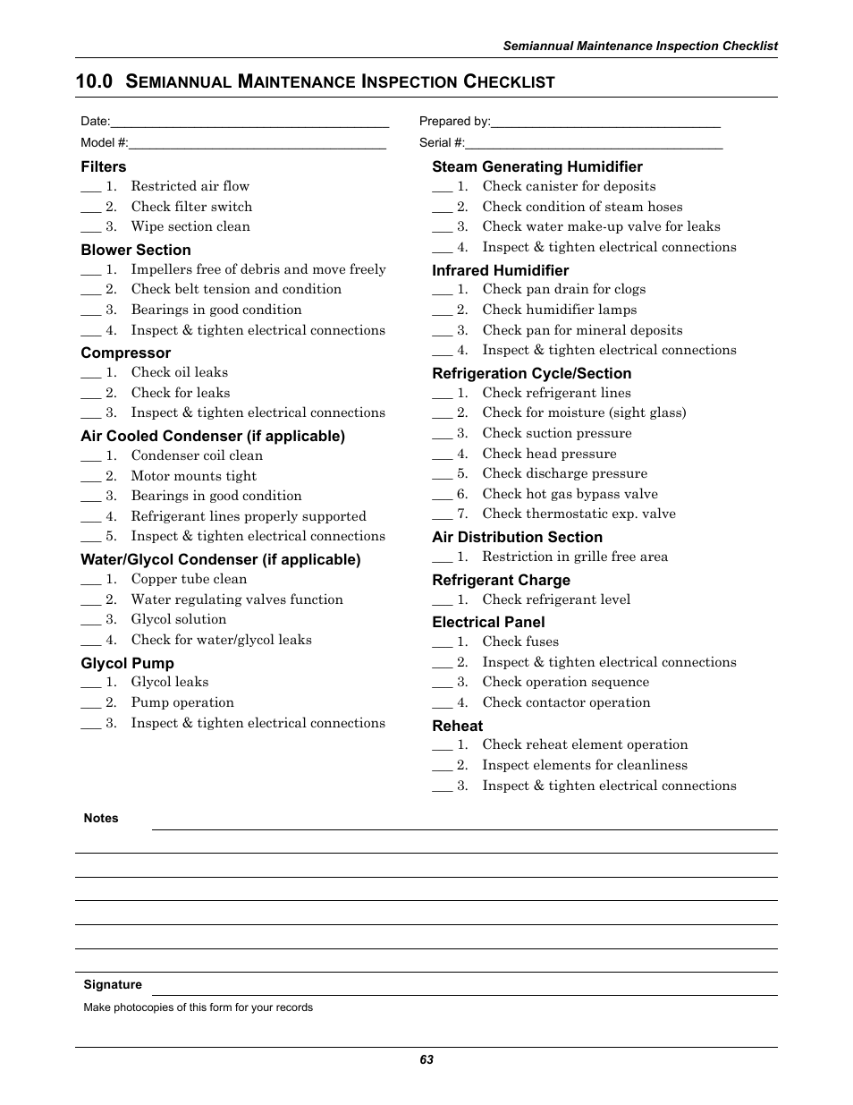 0 semiannual maintenance inspection checklist, Filters, Blower section