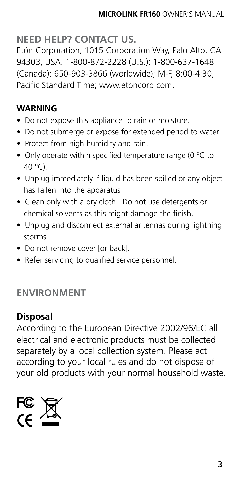 Need help? contact us, Environment | Eton MICROLINK FR160 User Manual