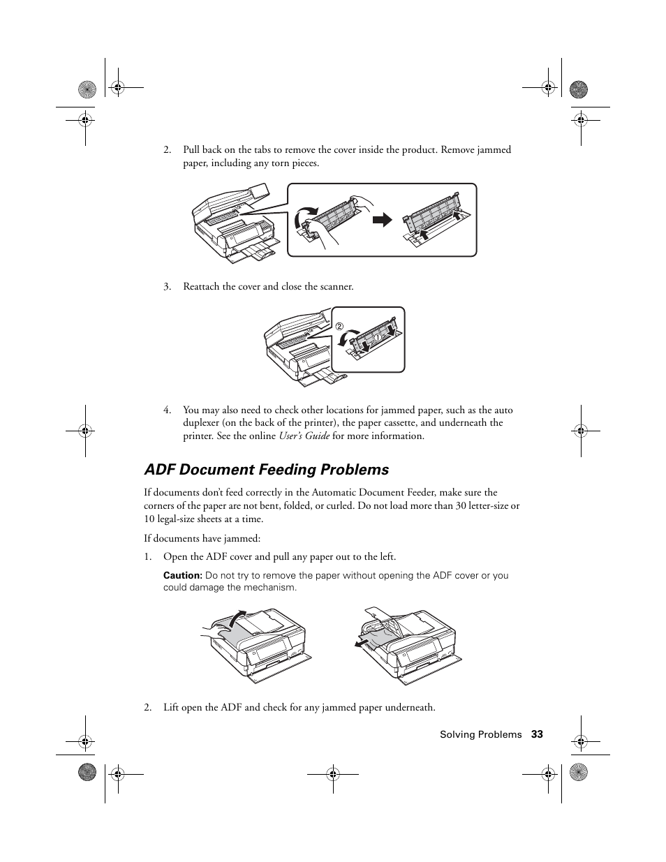 Adf document feeding problems | Epson Artisan 837 User Manual | Page 33