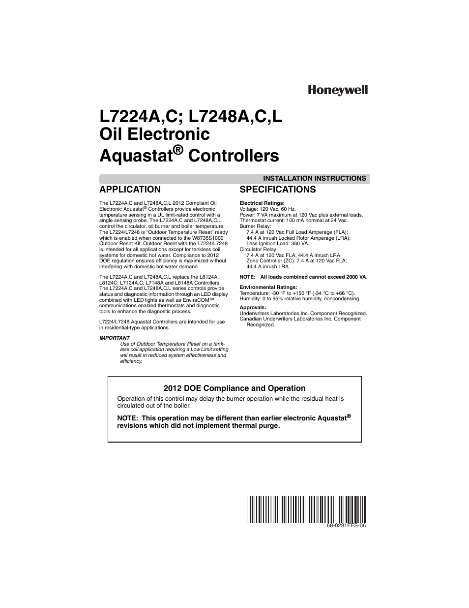 Honeywell L7224A User Manual | 52 pages | Also for: L7248A