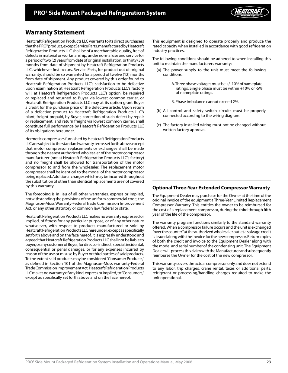 Warranty statement, Side mount packaged refrigeration system
