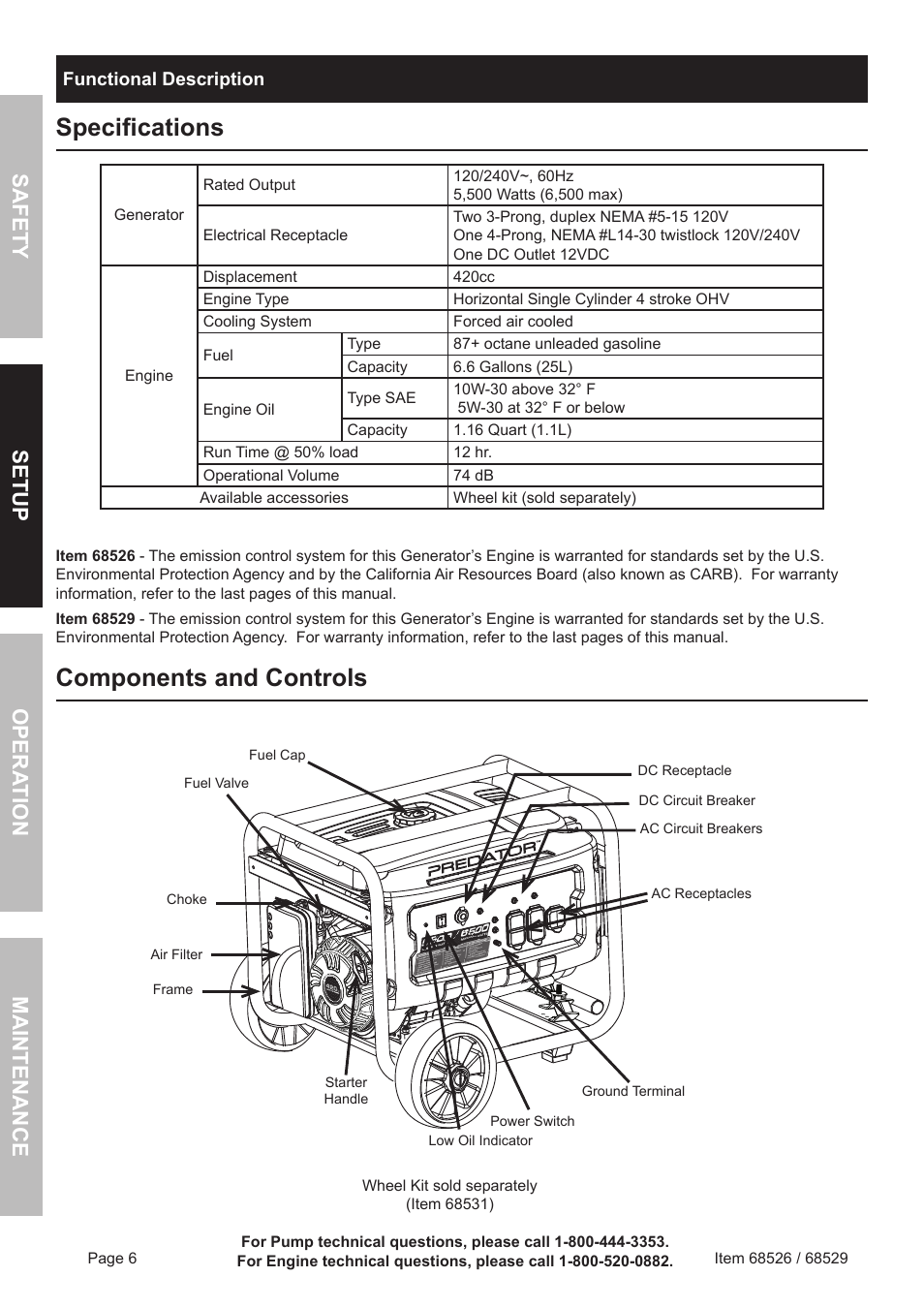 Specifications, Components and controls, Safety o pera tion m