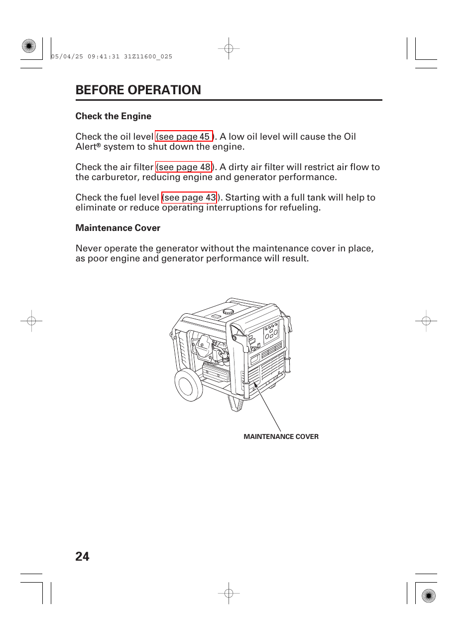 24 before operation | HONDA EM7000is User Manual | Page 26 / 100
