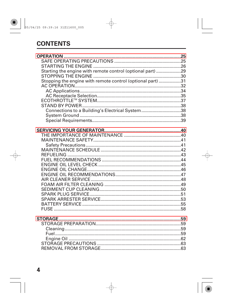 4contents | HONDA EM7000is User Manual | Page 6 / 100