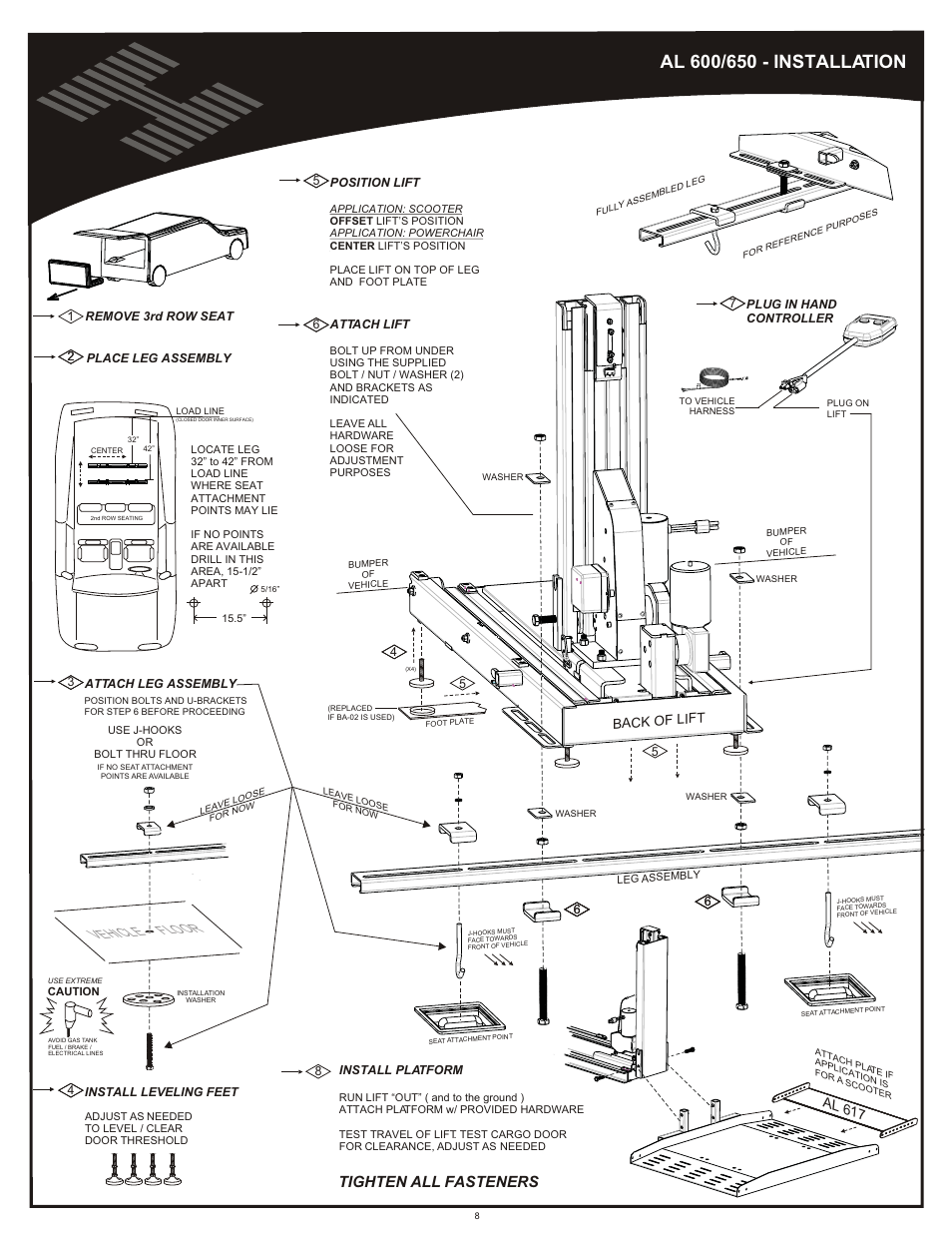Installation al600/650, Vehicle floor, Tighten all fasteners | Harmar