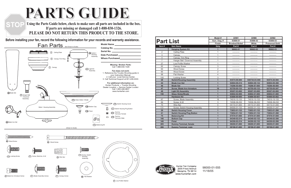 Hunter Fan 22561 User Manual | 4 pages | Also for: 22566, 22562