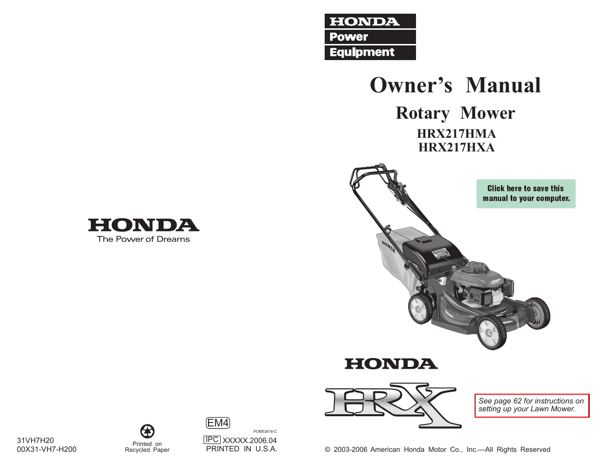 HONDA HRX217HXA User Manual 86 pages Also for HRX217HMA
