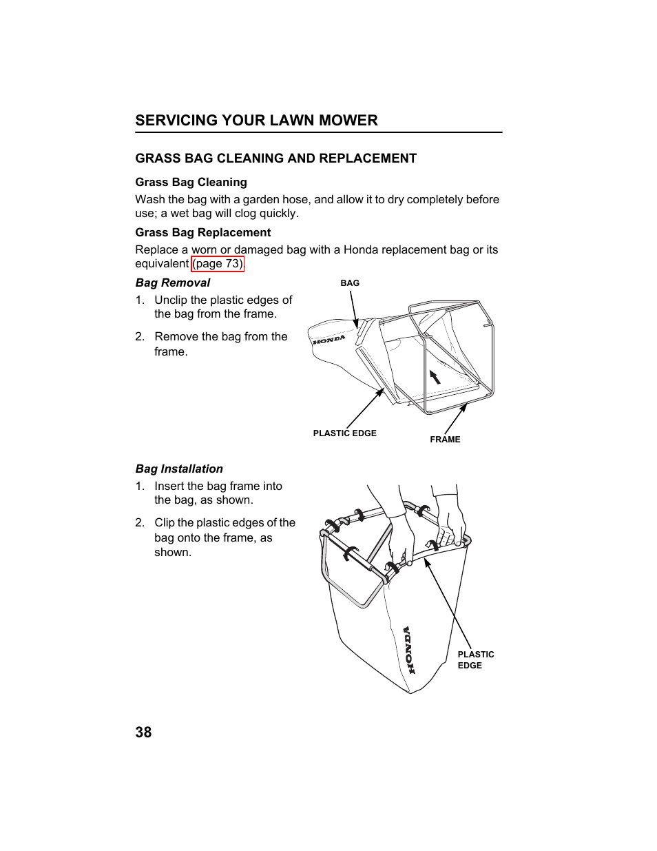 Grass bag cleaning and replacement, Servicing your lawn mower 38 HONDA HRX217HXA User Manual