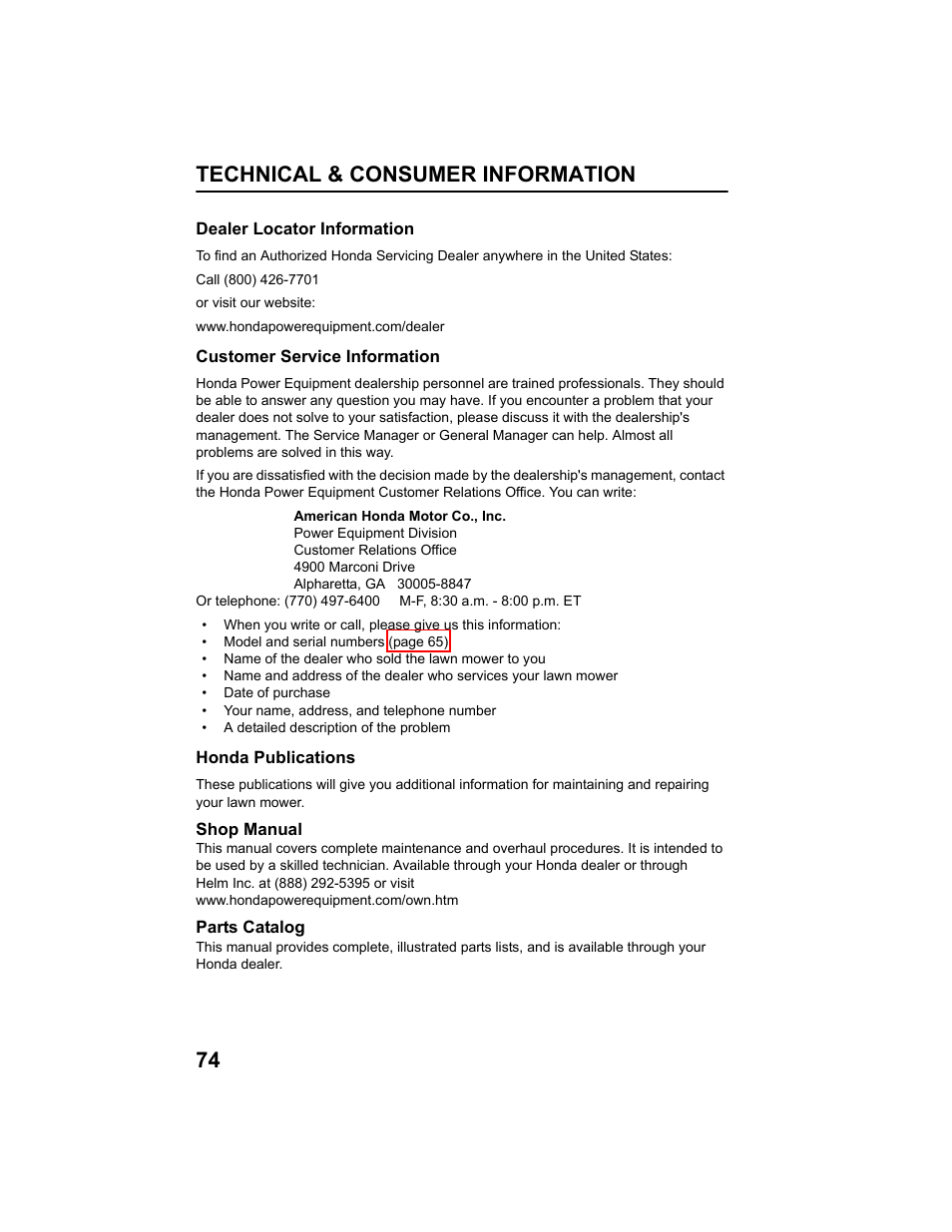 Dealer locator information, Customer service information, Honda