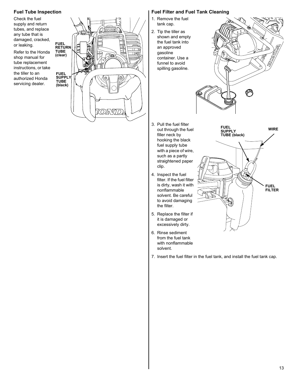Fuel tube inspection, Fuel filter and fuel tank cleaning | HONDA FG110