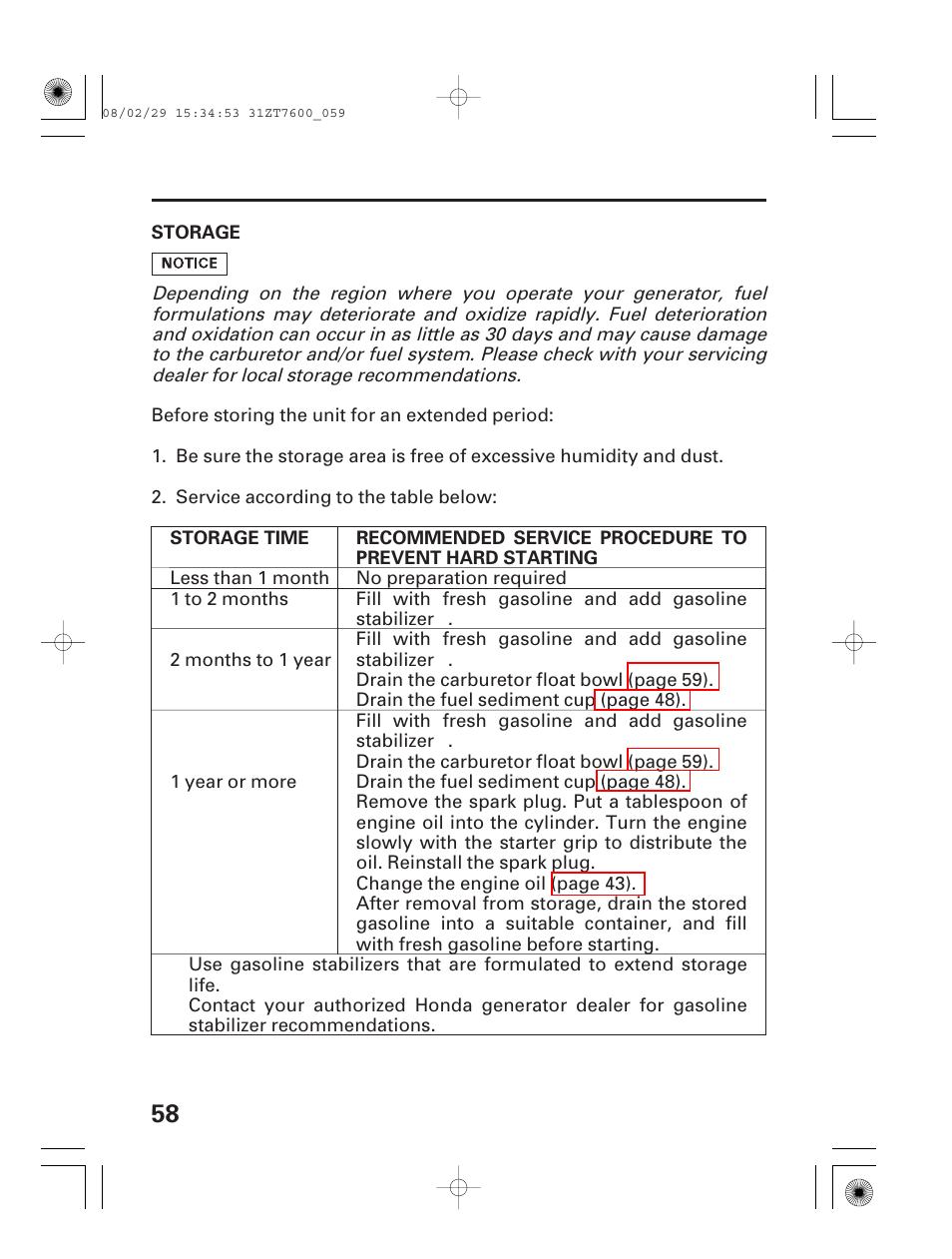 Storage | HONDA EU3000is User Manual | Page 60 / 71