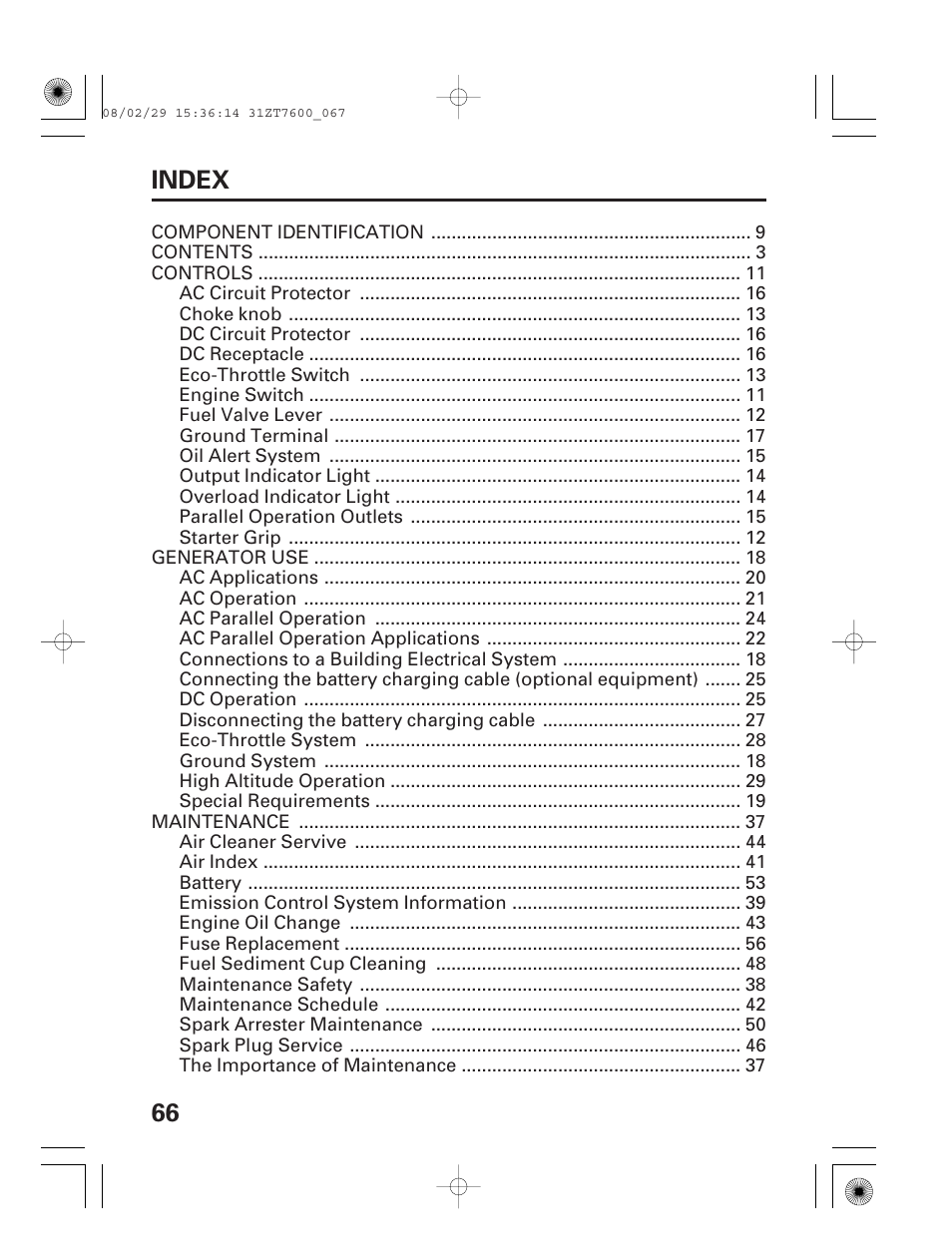Index, 66 index | HONDA EU3000is User Manual | Page 68 / 71