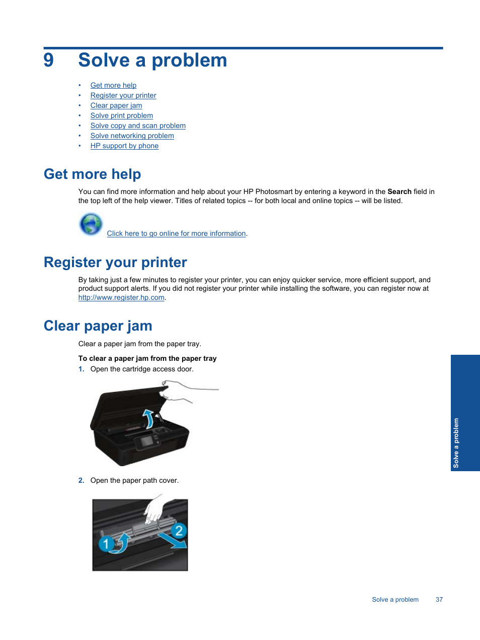 Solve a problem, Get more help, Register your printer | HP 5520 User