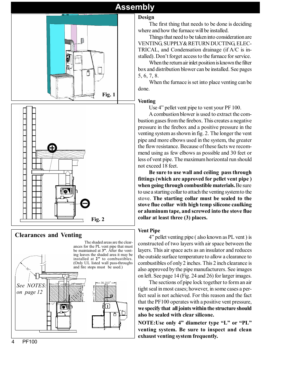 Assembly, Clearances and venting | Harman Stove Company PF 100 User