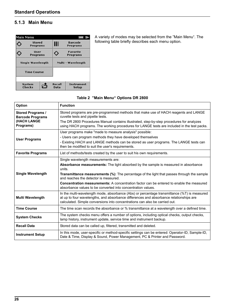 3 main menu, Standard operations 5.1.3 main menu | Hach Portable