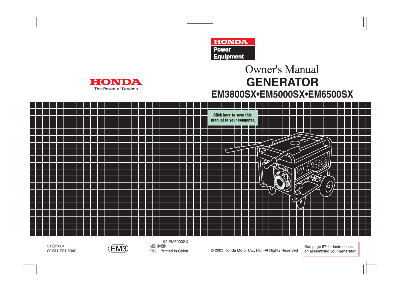 HONDA EM3800SX User Manual | 75 pages | Also for: EM6500SX, EM5000SX
