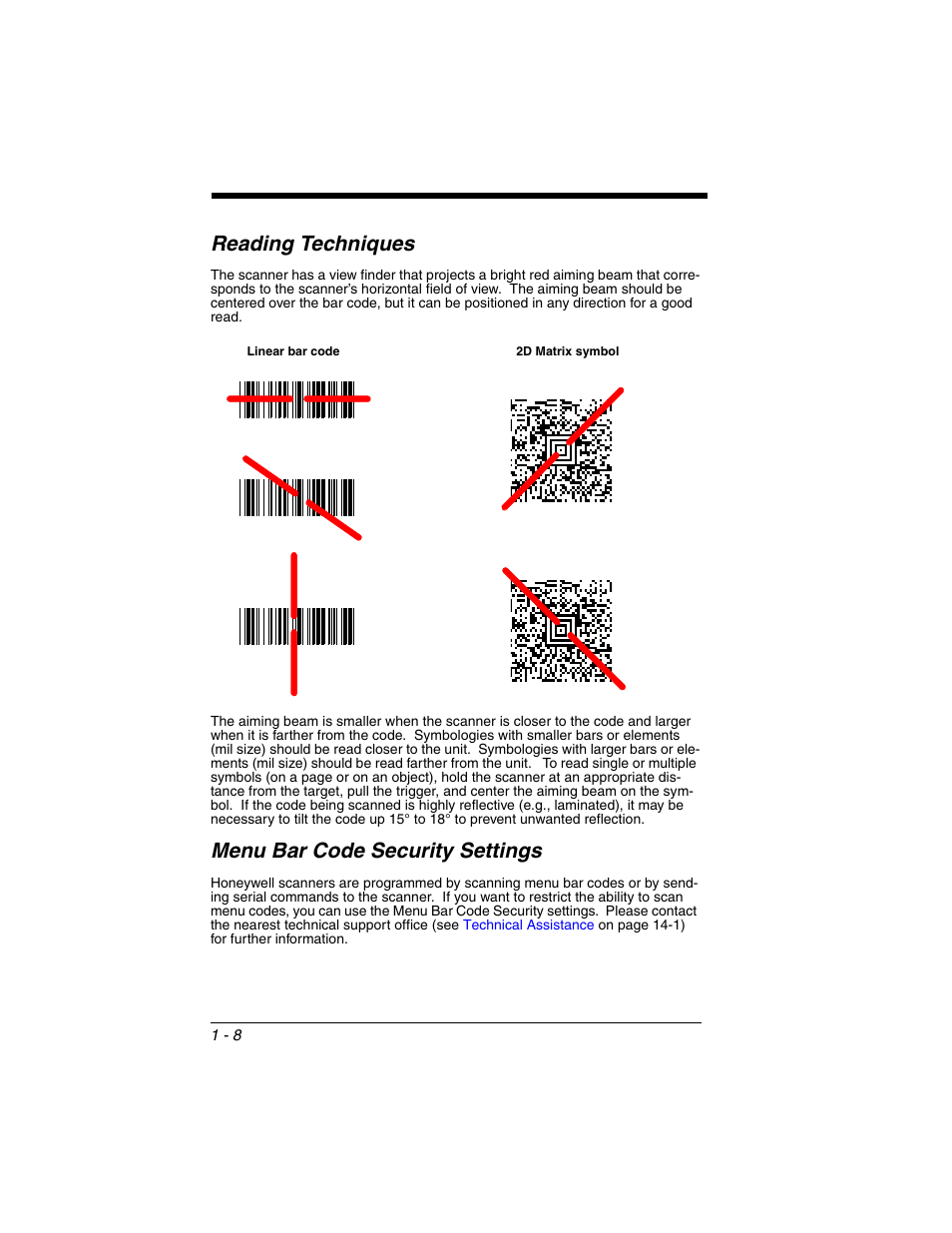 Reading techniques, Menu bar code security settings | Honeywell XENON