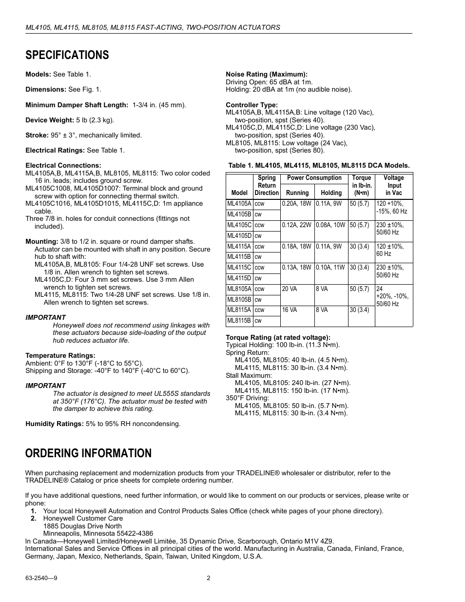 Specifications, Ordering information | Honeywell ML4105 User Manual