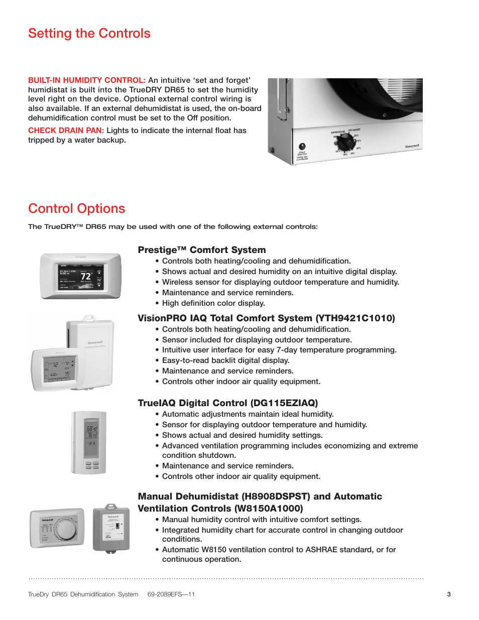 Setting the controls, Control options | Honeywell DR65 User Manual