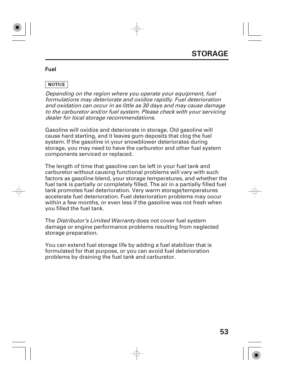 Fuel, 53 storage | HONDA HS928 User Manual | Page 55 / 80