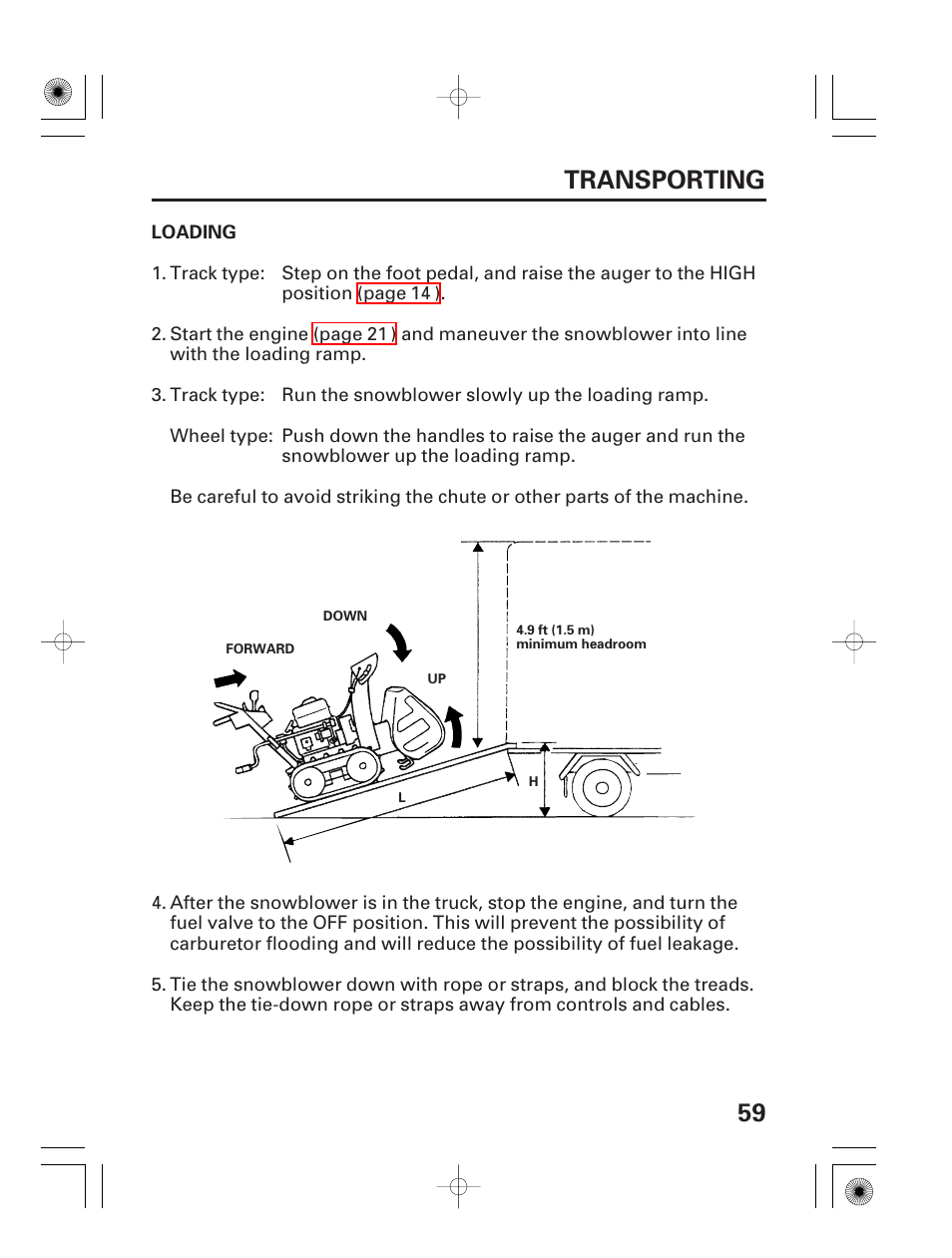 Loading, 59 transporting | HONDA HS928 User Manual | Page 61 / 80