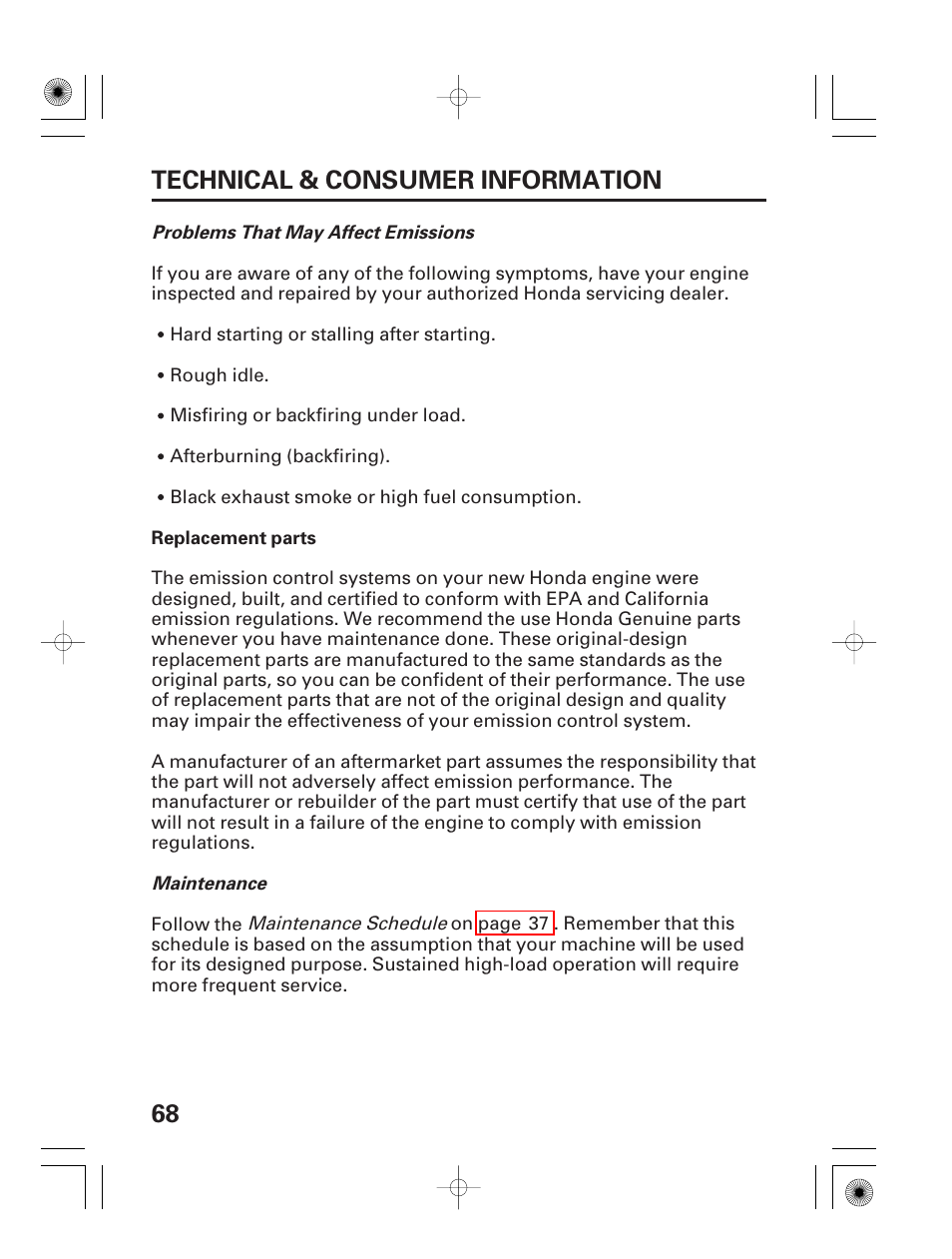 68 technical & consumer information | HONDA HS928 User Manual | Page 70
