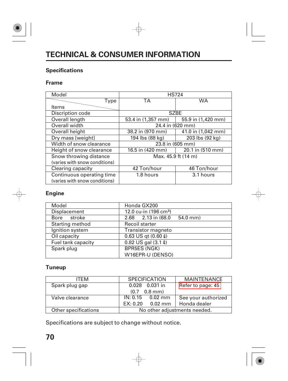 Specifications, 70 technical & consumer information | HONDA HS928 User