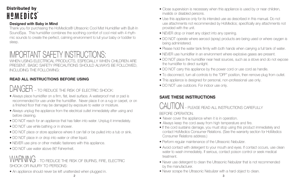 Important safety instructions, Danger, Warning | HoMedics Ultrasonic