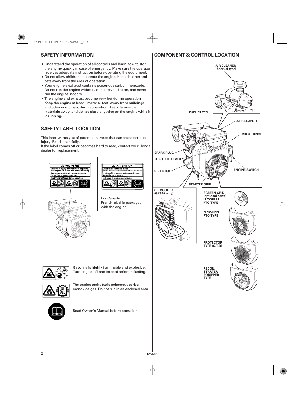 Safety information, Safety label location, Component & control location