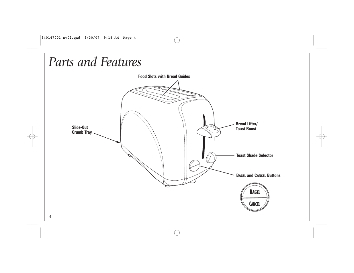 Parts and features | Hamilton Beach 2-Slice Toaster User Manual | Page
