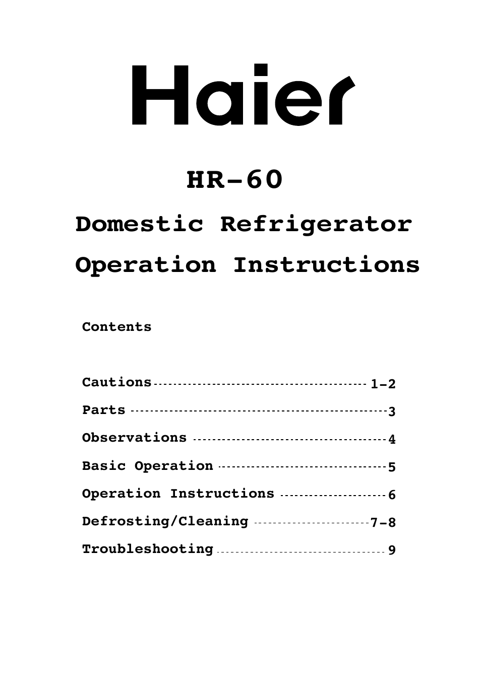 haier HR-60 User Manual | 10 pages