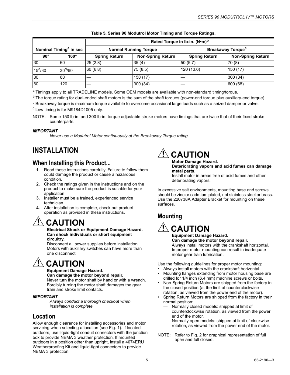 Installation, When installing this product, Location | Mounting, Caution | Honeywell Modutrol IV Motors Series 90 User Manual | Page 5 / 12