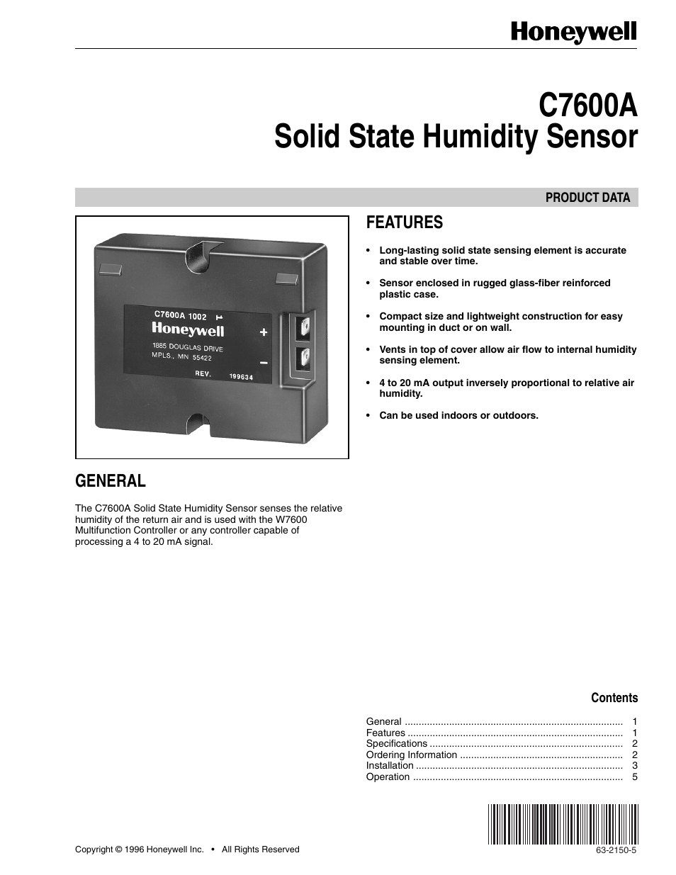 Honeywell SOLID STATE HUMIDITY C7600A User Manual | 6 pages