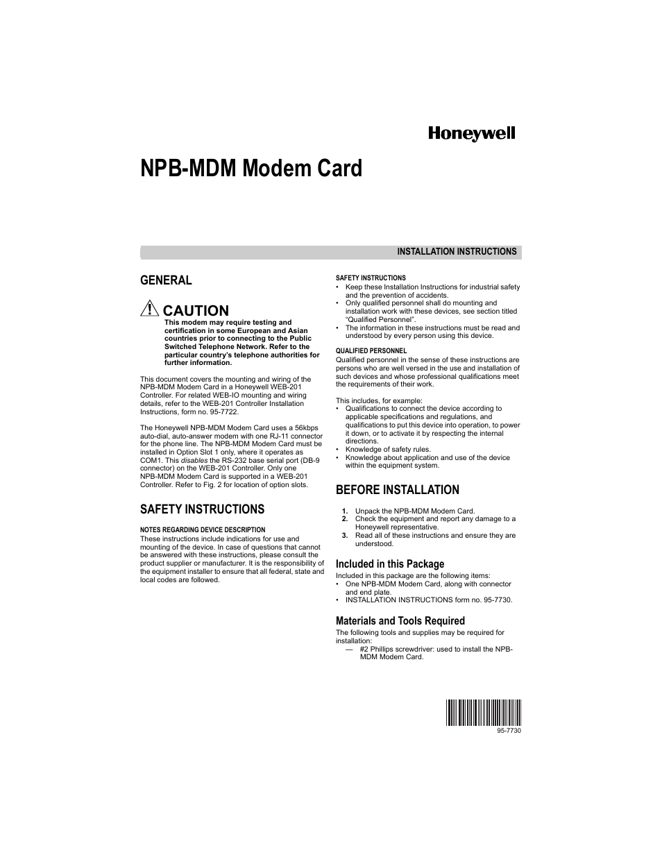 Honeywell NPB-MDM User Manual | 4 pages