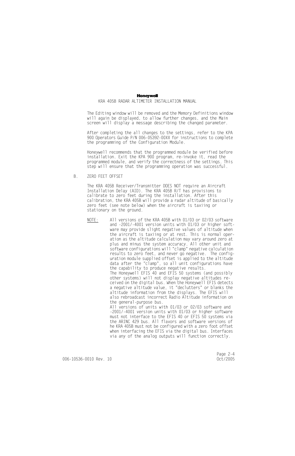 B. zero feet offset, B. zero feet offset -4 | Honeywell KA 54 User Manual | Page 30 / 77