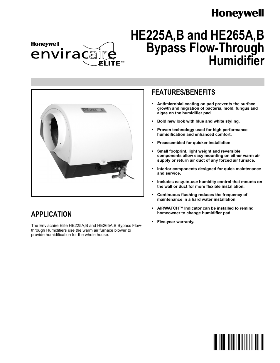 Honeywell Enviracare Elite Bypass Flow-Through Humidifier B User Manual | 12 pages